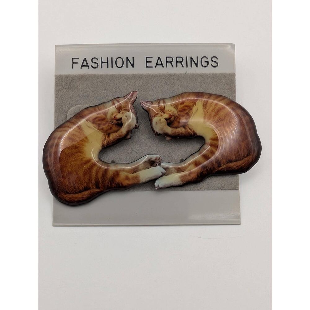 1993 Robert Kaufman Orange Tabby Cat Stud Earrings - Silver Visions Signed